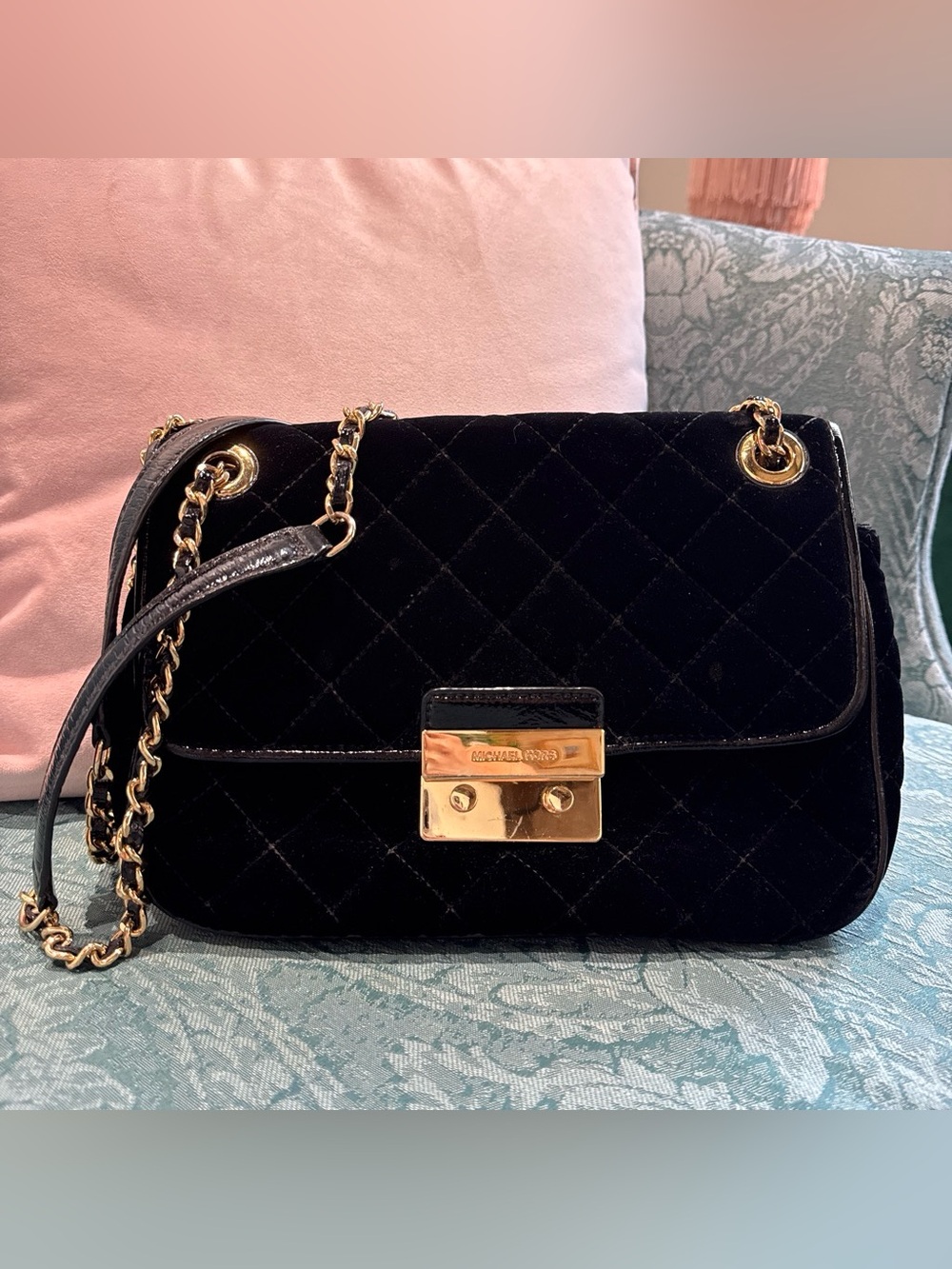Michael Kors Black Velvet Quilted Bag with Gold Hardware